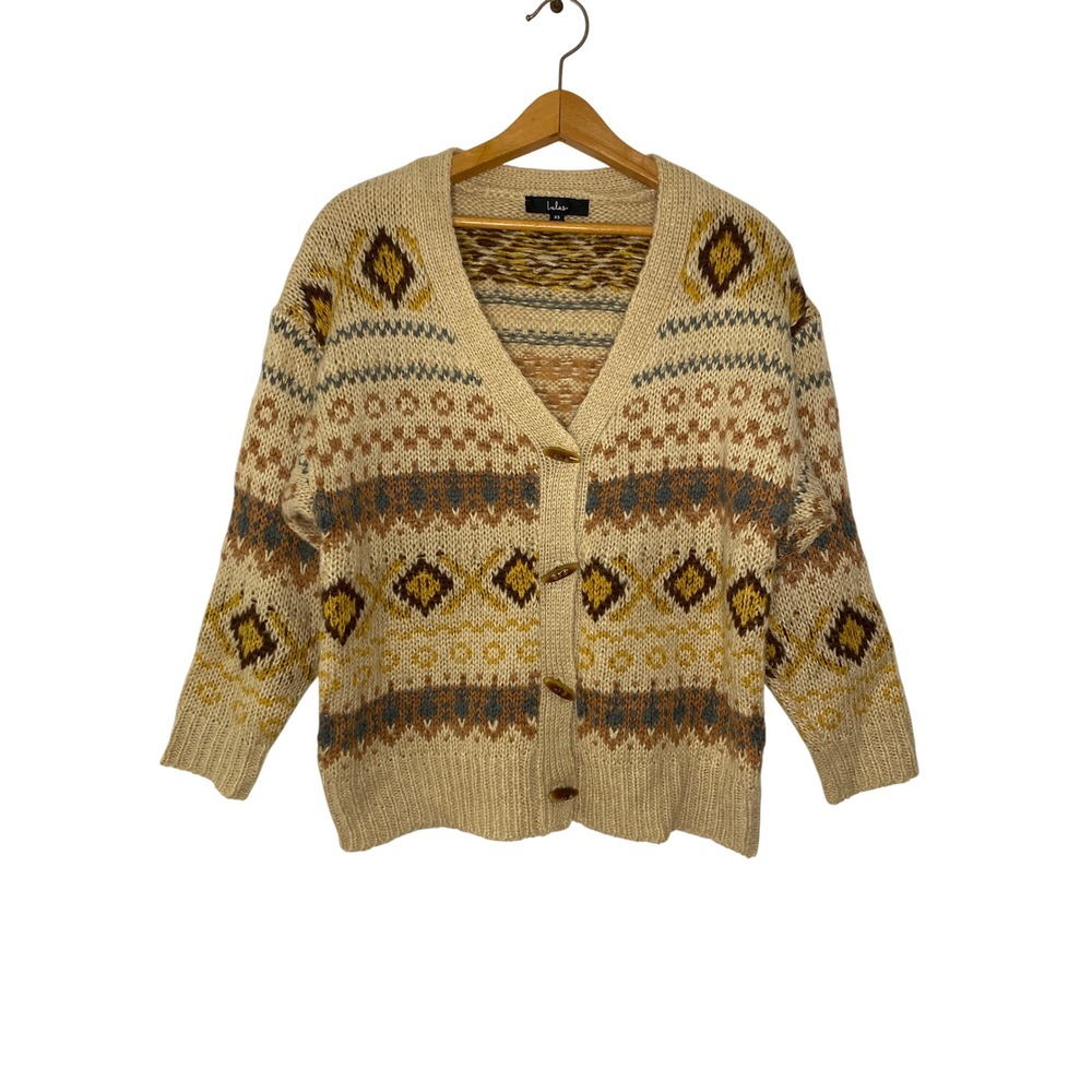 Lulus Womens Fair Isle Southwestern Oversized Knit Cardigan Tan XS Toggle Button